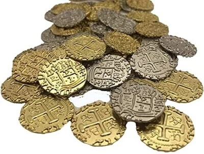 50x Pirate Treasure Gold Coins - Silver & Gold Replica Metal Spanish Doubloons - Image 1 of 4