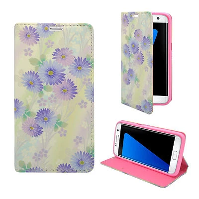 CASE FOR SAMSUNG GALAXY S7 EDGE WHITE LT BLUE PURPLE FLOWER PU LEATHER WALLET  - Image 1 of 4