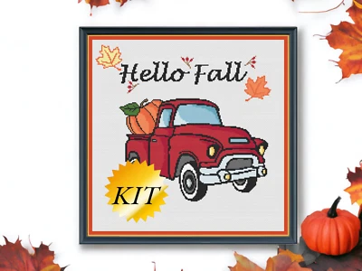 Red Truck Cross Stitch Kit Fall Cross Stich Kit Pumpkin Fall Cross Stitch Set - Image 1 of 4