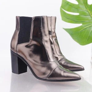 SCHUTZ Women's Happy Boots Size 9.5 Block Heel Pointed Chelsea Metallic Nickle - Picture 1 of 16