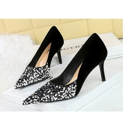 Banquet Women's Shoes High Heels Pointed Toe Luxury Sequin Slip on Pumps Shoes - Image 1 of 3