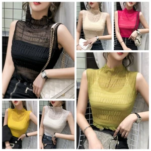 Pleated Women Lace Mesh Vest Tank Tops Basic Sleeveless Shirts Waistcoat - Picture 1 of 18