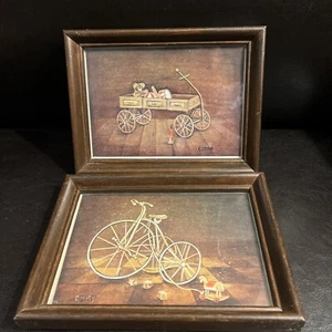 "DOS C Storm Toy Wagon y bicicleta guardería arte pintura marco de madera 8x6""". Vintage - Imagen 1 de 8