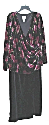 Coldwater Creek 天鹅绒花卉长裙长袖黑色粉红色绿色 20 码 — 第 1/4 张图片