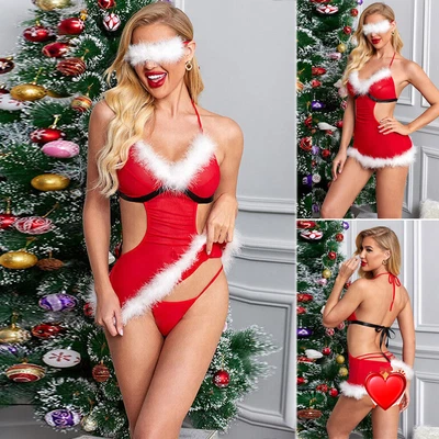 Lencería Sexy de Navidad para Mujer 3 Piezas Babydoll Chemise con Máscara para Ojos Conjunto de Navidad Foto 1 de 4