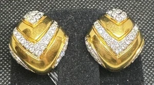 Vintage REPLICA EARRINGS Italy Gold Rhinestone Clip On Chunky Geometric 1” - Picture 1 of 3