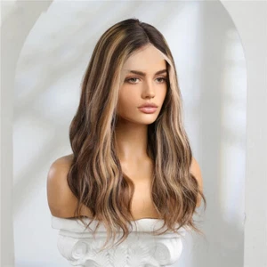 Beach Wave Human Hair Wig Long Brown Highlight Lace Front Wig For Women Charming - Picture 1 of 11
