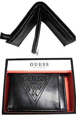 Nuevo GUESS Negro Sintético Cuero Relieve Logo HOMBRE Plegable & Medio Flap - Imagen 1 de 4