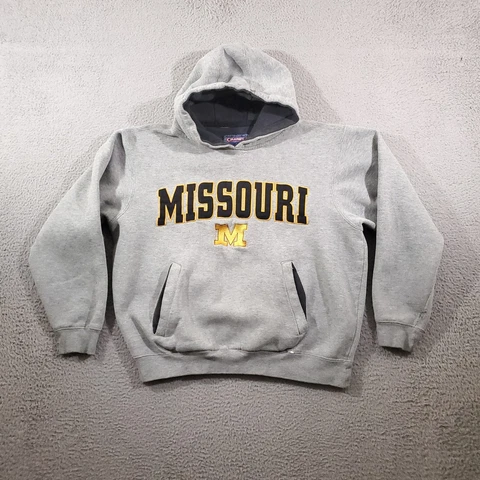 VTG Mizzou Tigers Hoodie Mens Gray Long Sleeve Crew Neck Sweater Pullover Stains Cover