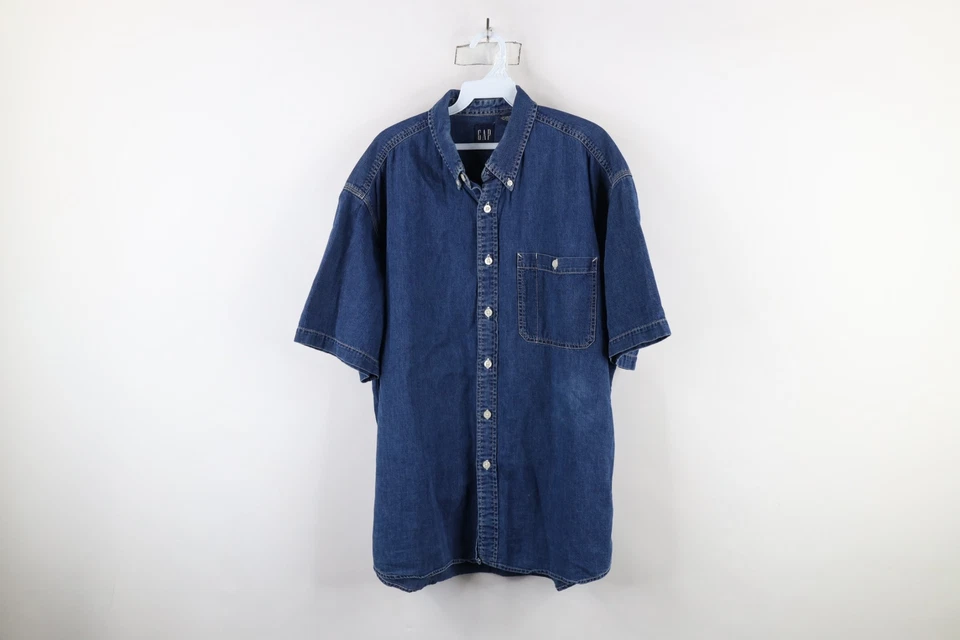 Vtg 90s Gap Mens Large Distressed Baggy Fit Denim Jean Short Sleeve Button Shirt - Image 1 of 4