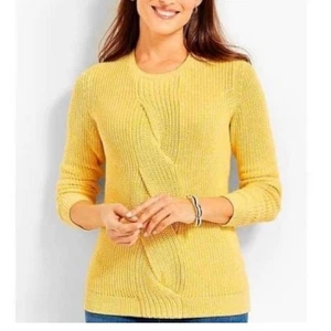 Talbots buttergelb Zopfmuster Grobstrick Rundhals Pullover Damen Large Baumwolle - Bild 1 von 8