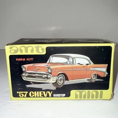 Vintage AMT Mini Kit '57 Yellow Chevy Hardtop Model Car Kit 1:43 Plastic NOS - Image 1 of 4