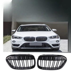 2X Glossy Black Front Kidney Grille Grill Twin Slat For BMW X1 F49 F48 2016-2019 - Picture 1 of 7