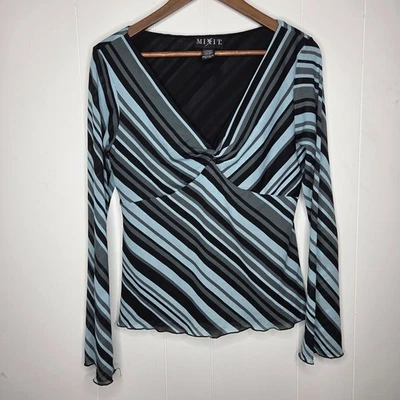 Blusa Mix It Para Mujer Y2K Azul Rayas Cuello en V Manga Campana Talla L Caprichosa Retro Foto 1 de 4