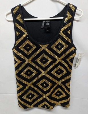 Bisou Bisou Black Gold Sequin Diamond Pattern Tank Top Women's Medium NWT - Image 1 of 4