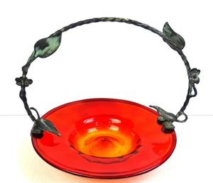 Studio Art Glass Amberina Panel Optic Twisted Leaf Handle 5 3/8" Mint Dish 1940- - Picture 1 of 10