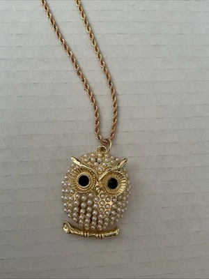 Owl Pendant Black Crystal Eyes & Faux Pearl Cream Enamel Gold Tone Fashion 1.75" - Image 1 of 2
