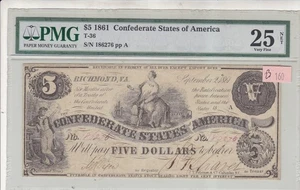 T-36 1861 5 $ CONFEDERATE STATES CURRENCY CIVIL WAR NOTE PMG 25 Very FINE R3 - Bild 1 von 2