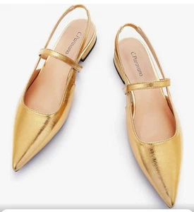 C.Paravano Gr. 7,5 Gold Slingback spitz zulaufend flache Designer Schuhe trendy. Neu - Bild 1 von 6