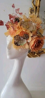 Casque Couture Renaissance Yellow Orange Green Hat Fascinator Made In England  - Image 1 of 4