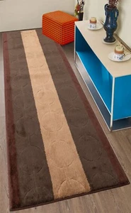 RUNNER RUG Hallway Kitchen Circles Design Brown Soft Touch - Picture 1 of 6