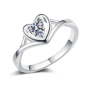14K White Gold Finish 1.20 Ct Round Solitaire Diamond Heart Shape Wedding Ring - Picture 1 of 8