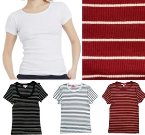 Ladies Marks Ribbed Scoop Or Crew Neck T-Shirt Top Cotton Rich Short Sleeved NEW - Picture 1 of 5