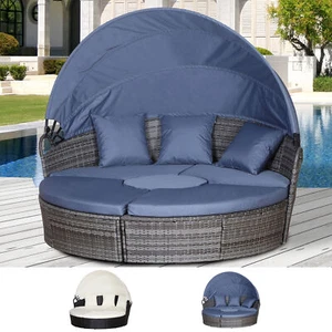 5-PC Cushioned Outdoor Plastic Rattan Round Sofa Bed Coffee Table Set Black/Grey - Picture 1 of 1