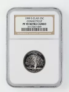 1999 S PROOF CONNECTICUT QUARTER NGC PF70 ULTRA CAMEO 25C stock photo - Picture 1 of 2