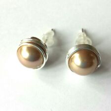 Silver filled stud 8mm perfect round champagne gold shell pearl earrings