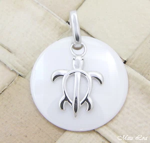 925 Silver Rhodium Hawaiian Honu Sea Turtle White Ceramic Circle Round Pendant - Picture 1 of 2