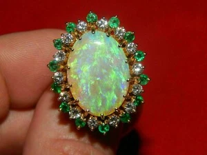 4CT Oval Cut Halo Fire Opal & Green Emerald Engagement Ring 14k Yellow Gold Over - Picture 1 of 6