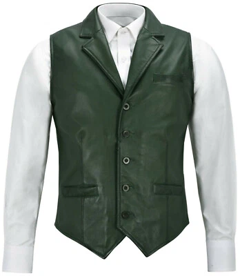 Men's Dark Green Lambskin Leather Waistcoat Western Style Cowboy Gilet Vest Coat - Image 1 of 4