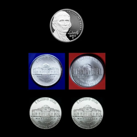 2011 P+D+S Jefferson Nickel Set ~ Mint Proof and PD in Mint Wrap and Bank Rolls Cover