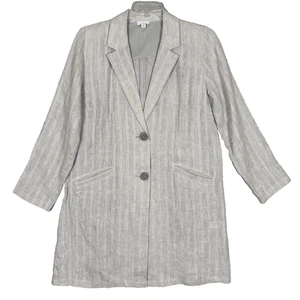 J Jill Long Grey White Striped 100% Linen Duster Jacket Pockets Womens Medium - Picture 1 of 12