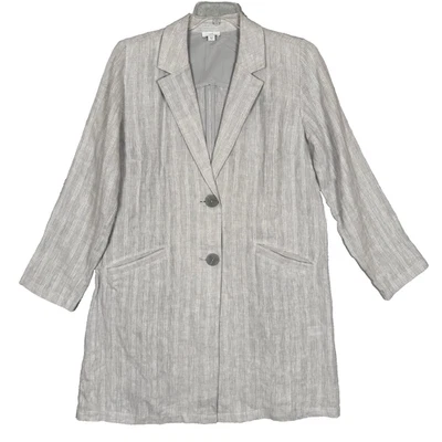 J Jill Long Grey White Striped 100% Linen Duster Jacket Pockets Womens Medium - Image 1 of 4