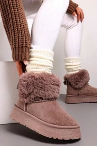 Mauve Faux Fur Lined Chunky Platform Bow Detailed Ankle Boots (Buy Size Up) - Picture 1 of 2