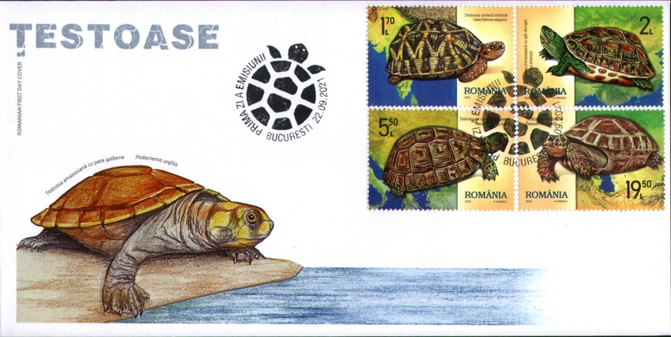 Tortugas 2021, estrella india/rayas chinas, rusas, amarillo amazónico, Rumanía, M7921, FDC Foto 1 de 1