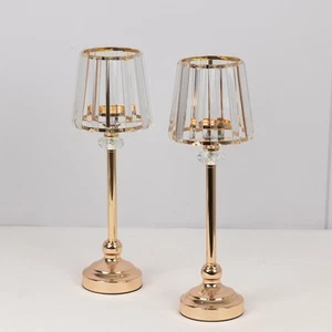 2 Gold Clear 15" Metal Votive Candle Holders Crystal Glass Lamp Shade Events - Picture 1 of 9