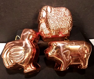 3er Set Mini Kupfer Formen Schaf Hahn Schwein Wanddeko Messing Haken Vintage - Bild 1 von 9