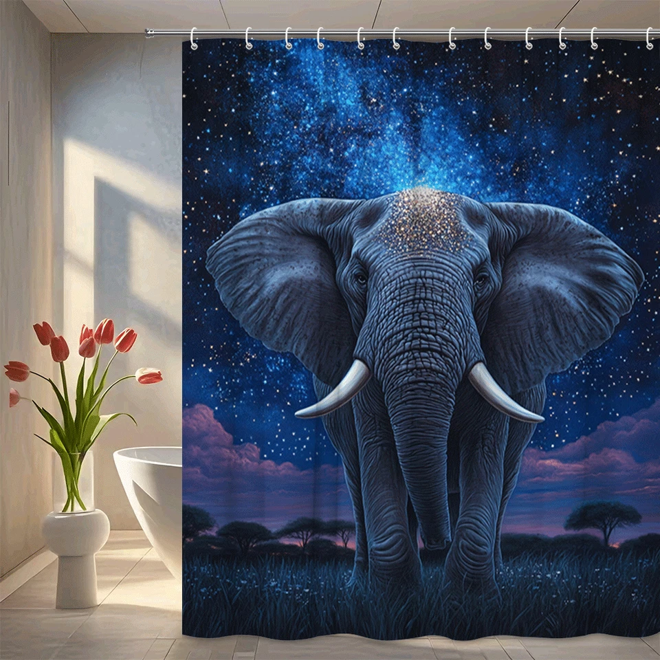 Elefante Cortina de Ducha Noche Estrellada Safari Animal Vida Silvestre Baño Decoración Azul Foto 1 de 4