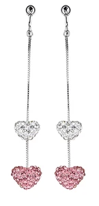 Pink Heart Clip On Earrings silver long drop dangle with crystals - Chloe - Picture 1 of 2