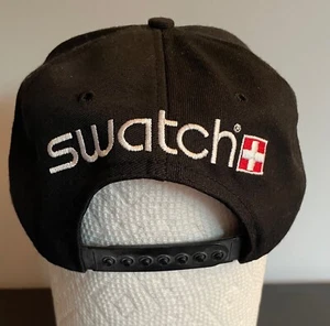 Vintage Swatch Watch Adjustable Snapback Cap/Hat Black with Brown Suede Brim New - Picture 1 of 10