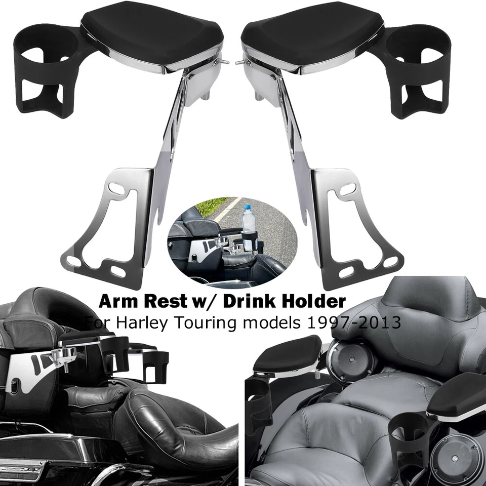 Reposabrazos trasero cromado para pasajero con soporte para bebidas para Harley Touring Tri Glide 97-13 Foto 1 de 4
