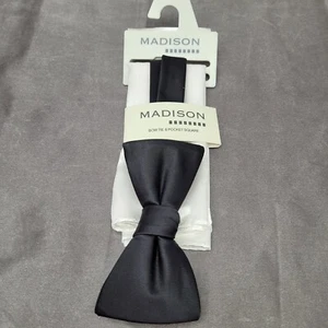 Madison Men's Satin Black Bow Tie and Pocket Square Set White Regular- 58 in - Picture 1 of 3