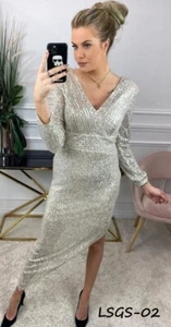 Women Sexy Shiny Evening Party Dress Sequin Long Sleeve Creamy Gray V Gown - Picture 1 of 7