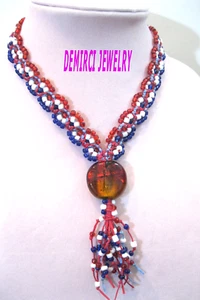 17" Patriotic Macrame Handcrafted Woven with Red Lampwork Flat Glass Bead - Picture 1 of 8