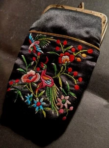 Silk Japanese Cosmetic Bag Ladies Black Floral Print - Picture 1 of 2
