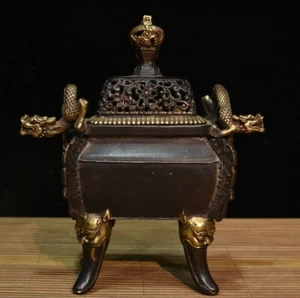 Antique pure copper gilded, dragon head pan dragon incense burner - Picture 1 of 9