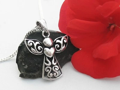 MARKENLOS Damen Schmuck Schutzengel Engel mit Herz und Kette Anhänger Echt Silber 925 neu